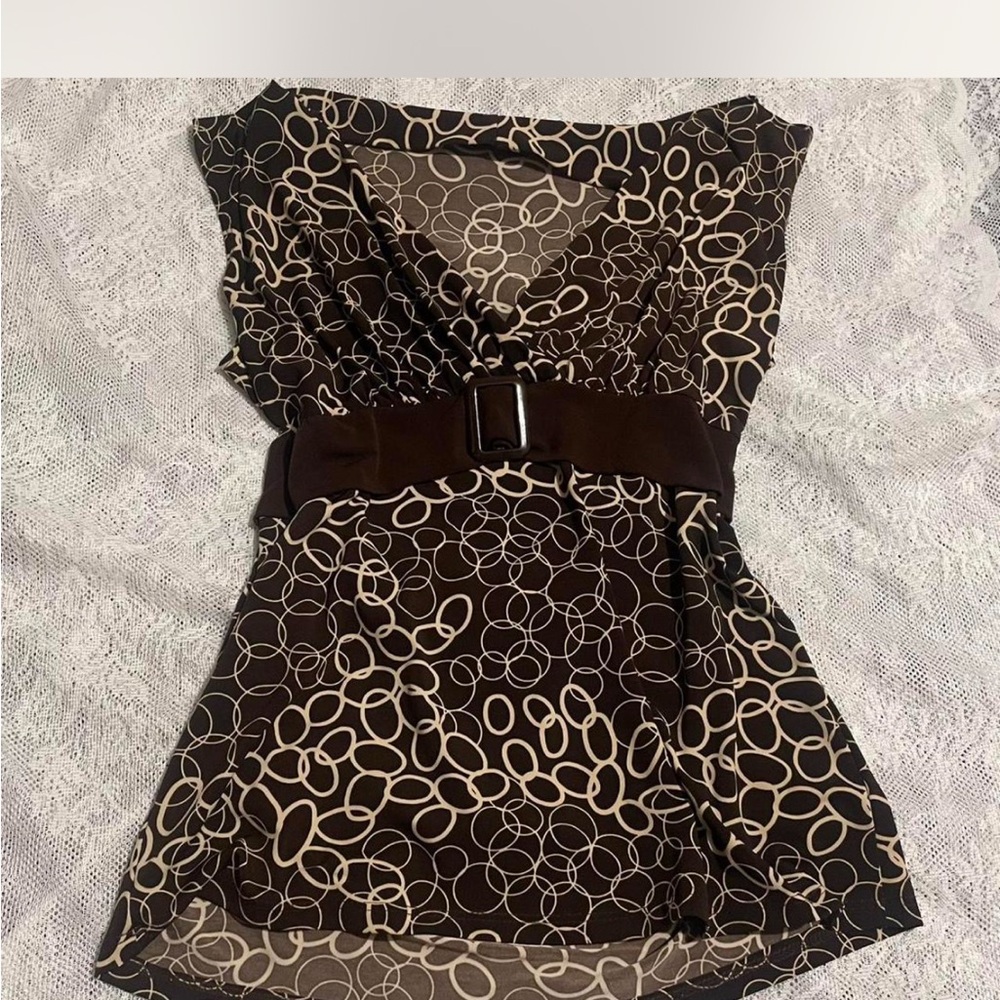 Agenda Brown and Cream Circle Pattern Blouse - Picture 3 of 4